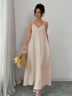 Before You Linen Blend Sleeveless V-Neck Maxi Dress with Pockets Beige Natural M